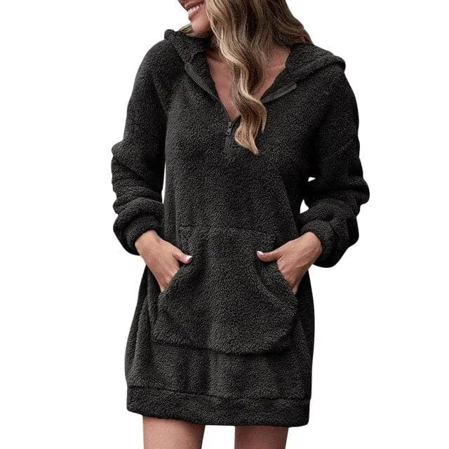 DressBetty - Long Sleeve Plush Hooded Warm Fluffy Pullover Sweatshirt Dress