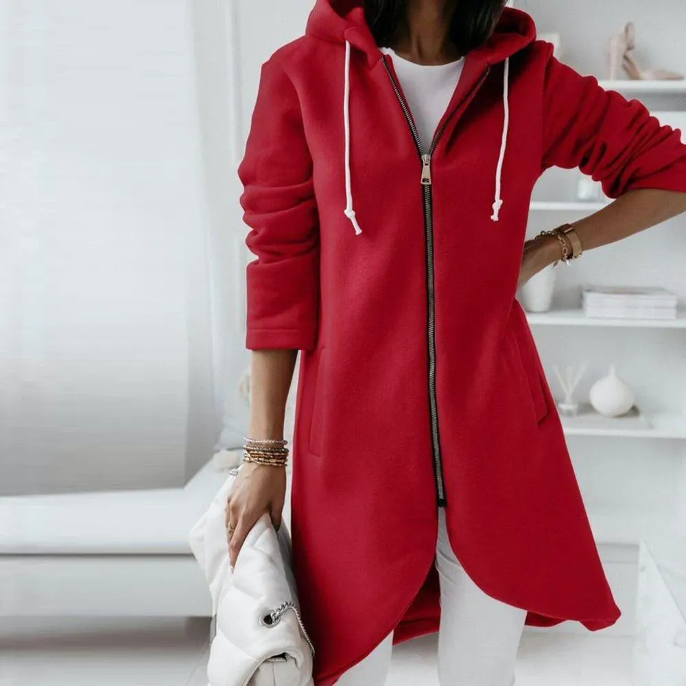 Engine Red Uneven Hem Zippered Hoodie Cardigan