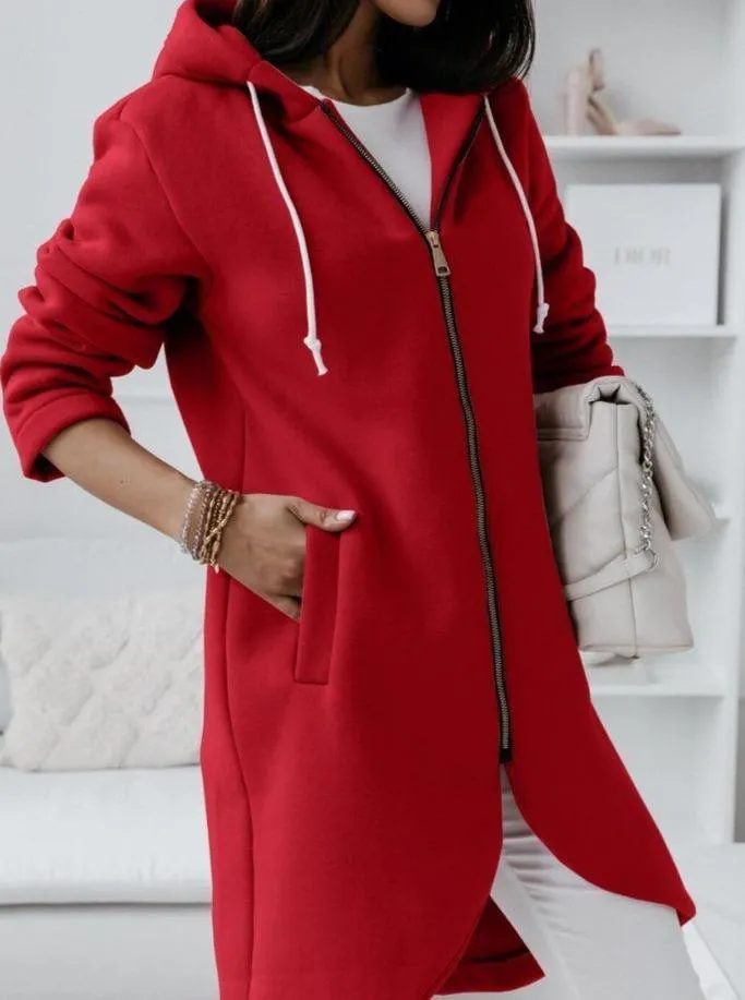 Engine Red Uneven Hem Zippered Hoodie Cardigan