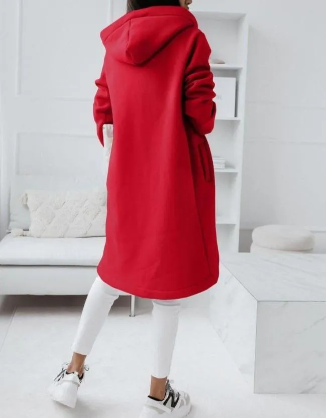 Engine Red Uneven Hem Zippered Hoodie Cardigan