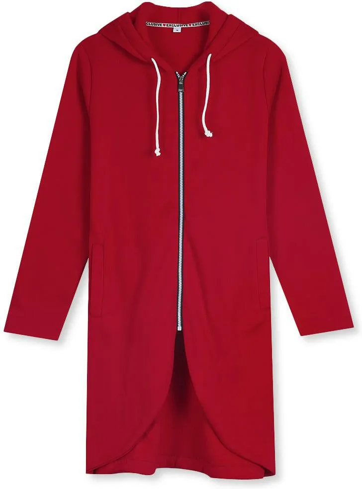 Engine Red Uneven Hem Zippered Hoodie Cardigan