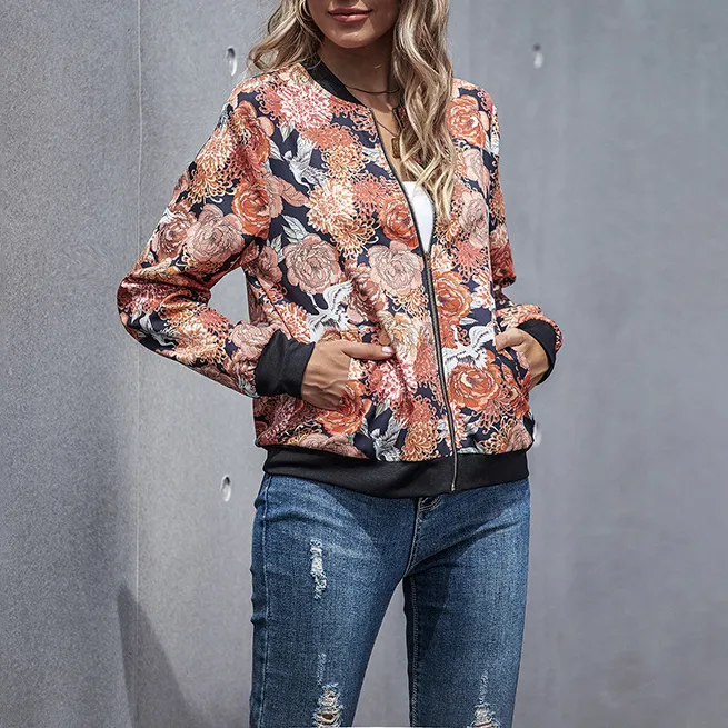 Floral printed zipper long-sleeved jacket