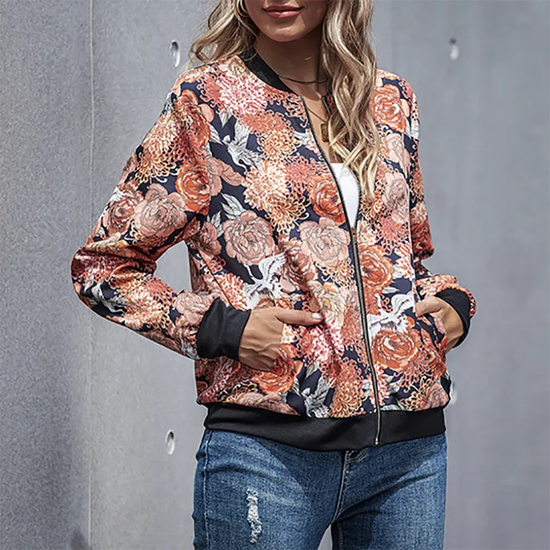 Floral printed zipper long-sleeved jacket