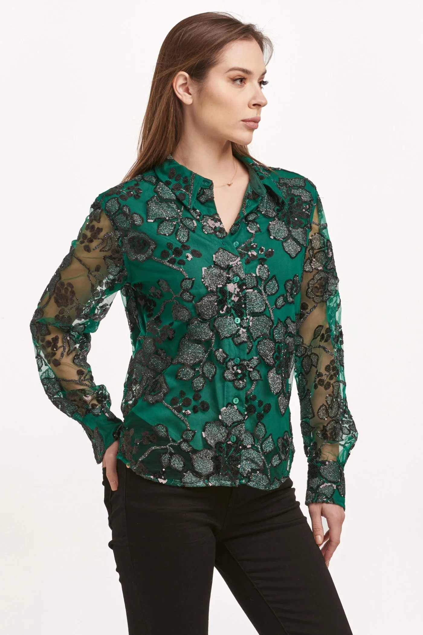 GAIA BUTTON DOWN LONG SLEEVE SHIRT EMERALD GARDENIA