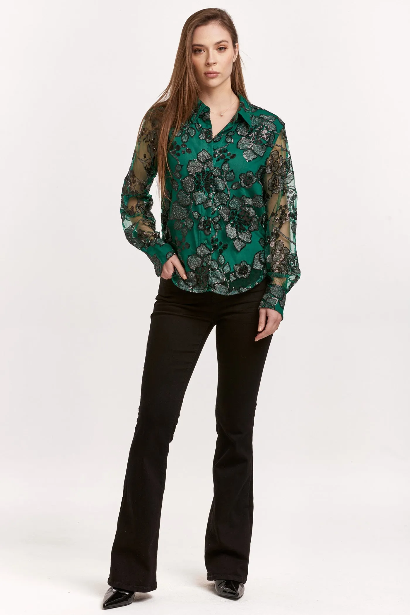 GAIA BUTTON DOWN LONG SLEEVE SHIRT EMERALD GARDENIA