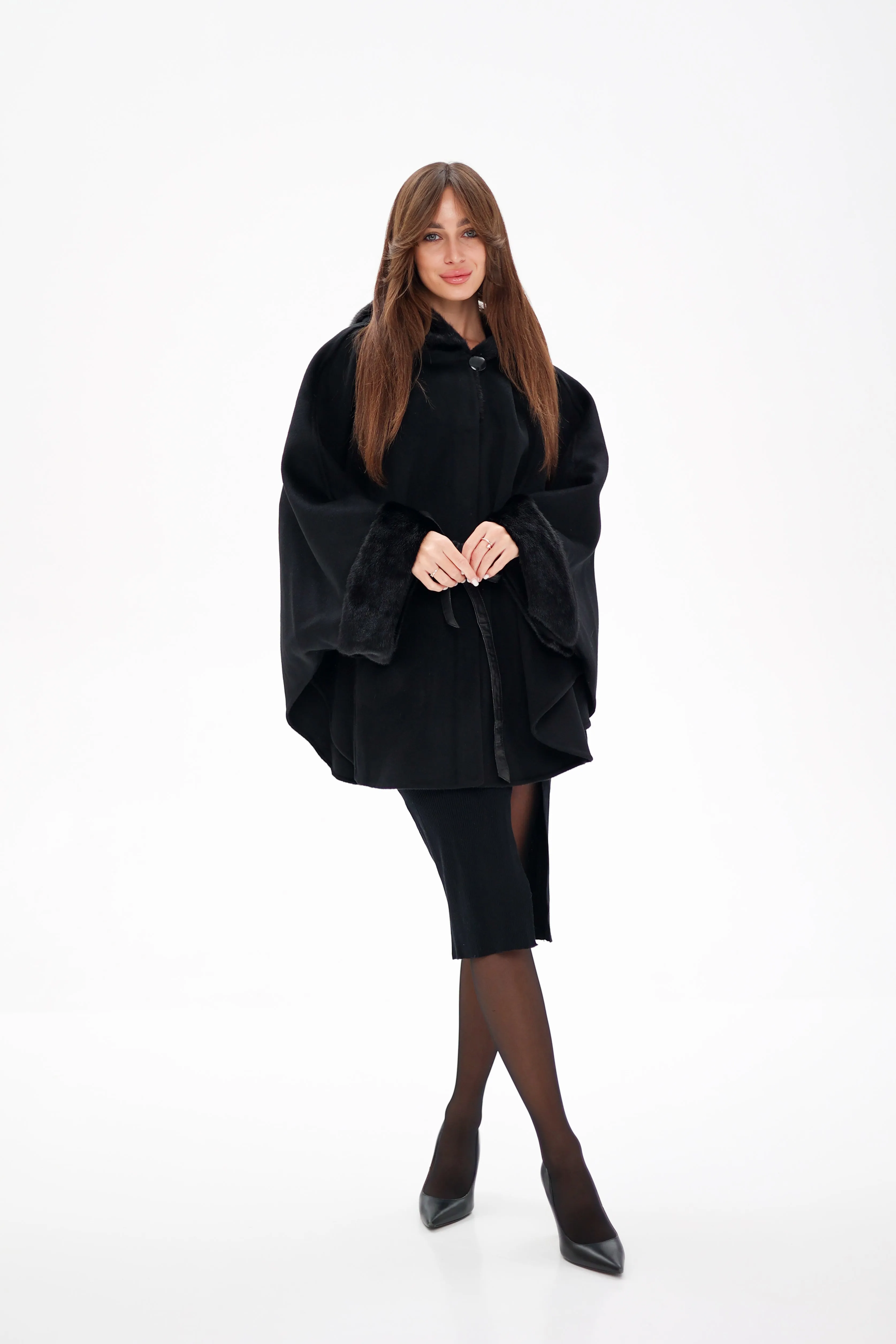 Genuine Mink Fur Double Face Wool Hooded Poncho