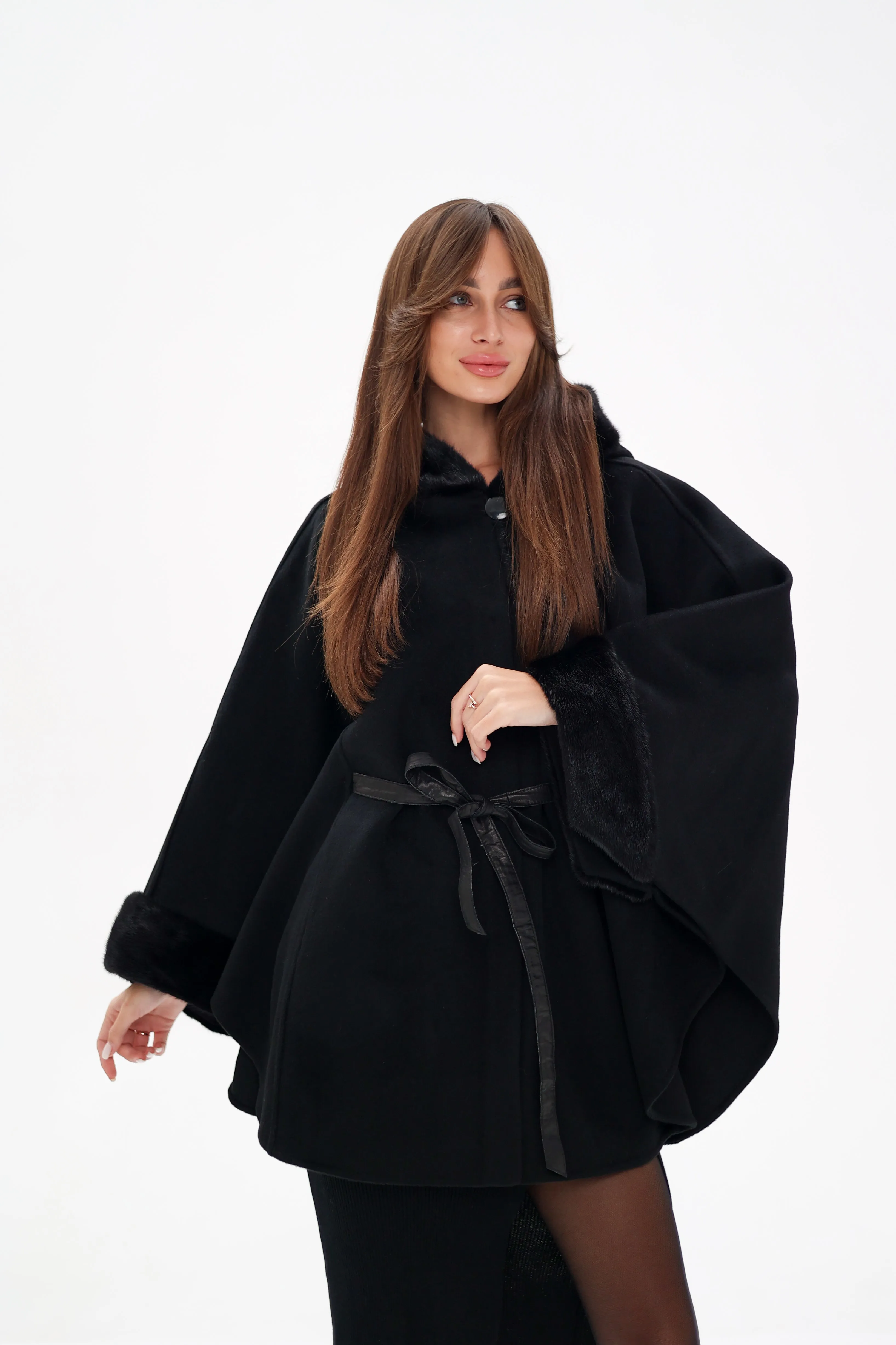 Genuine Mink Fur Double Face Wool Hooded Poncho