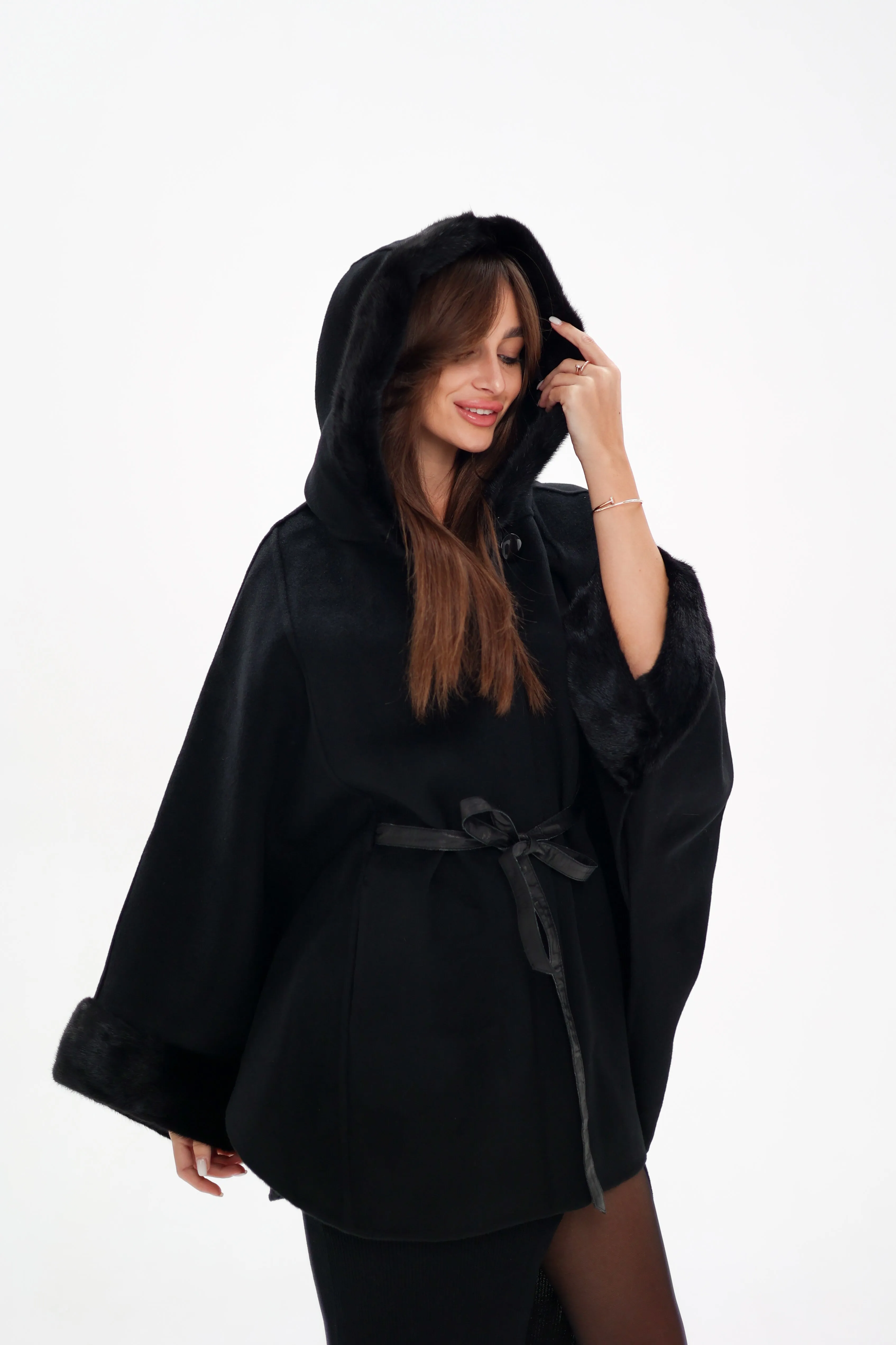 Genuine Mink Fur Double Face Wool Hooded Poncho