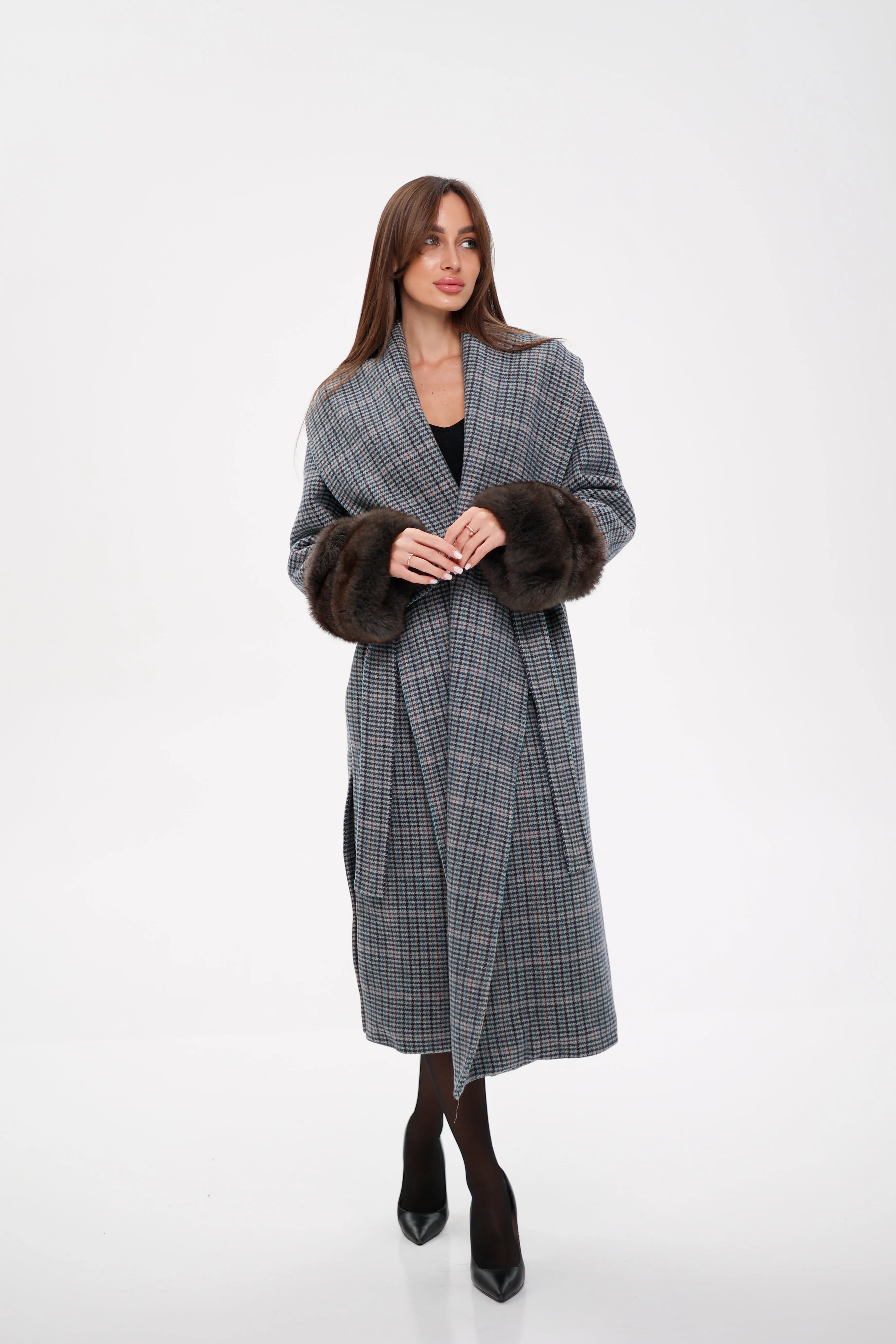 Genuine Polar Fox Fur Virgin Wool Wrap Coat