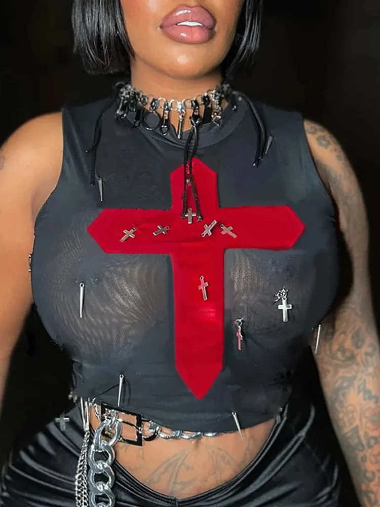 Gothic Sexy Metal Crosses Mesh See Through Crop Top