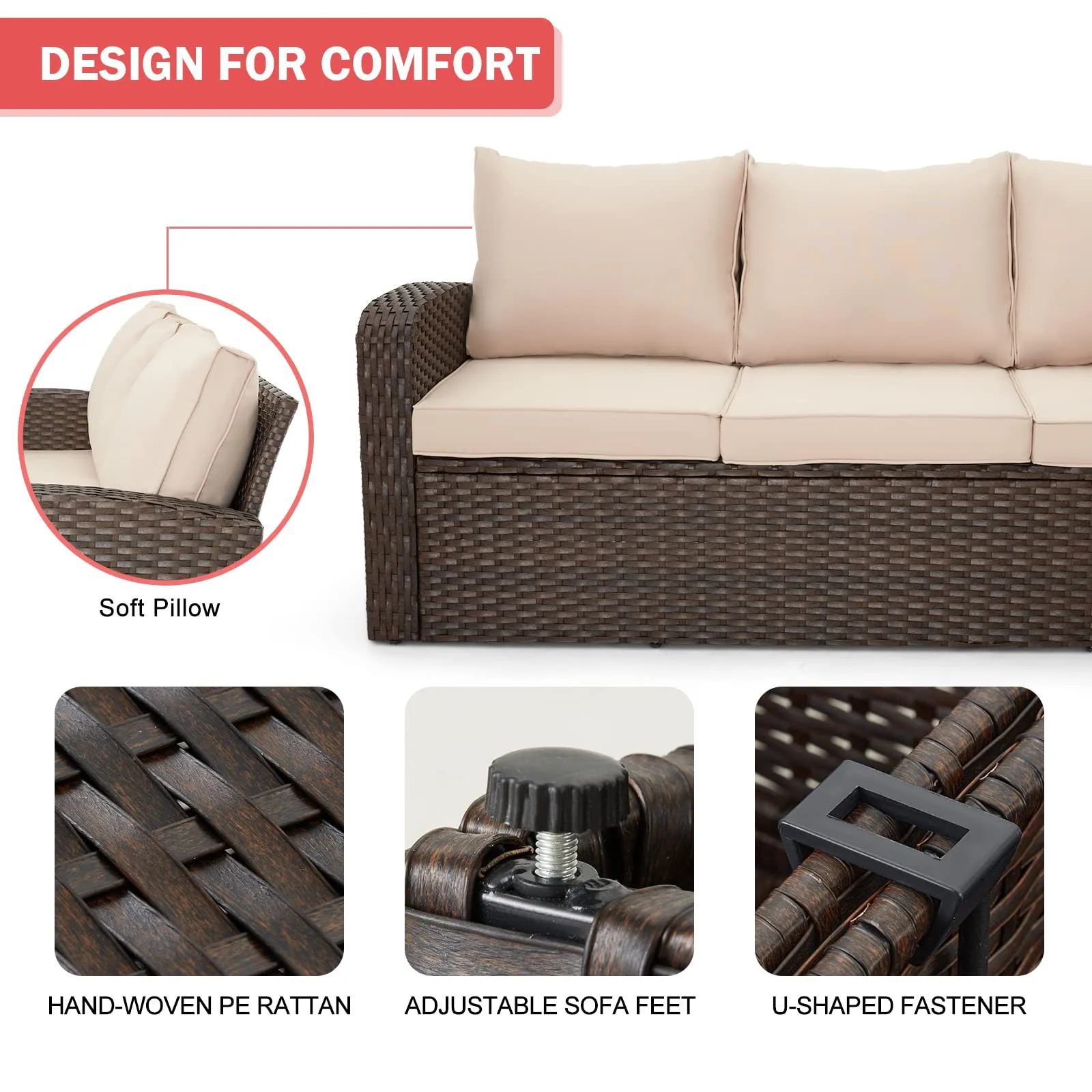 Homrest 6 Pcs Patio Furniture Sets with Coffee Table, Ottomans, Cushions & Pillows, Khaki