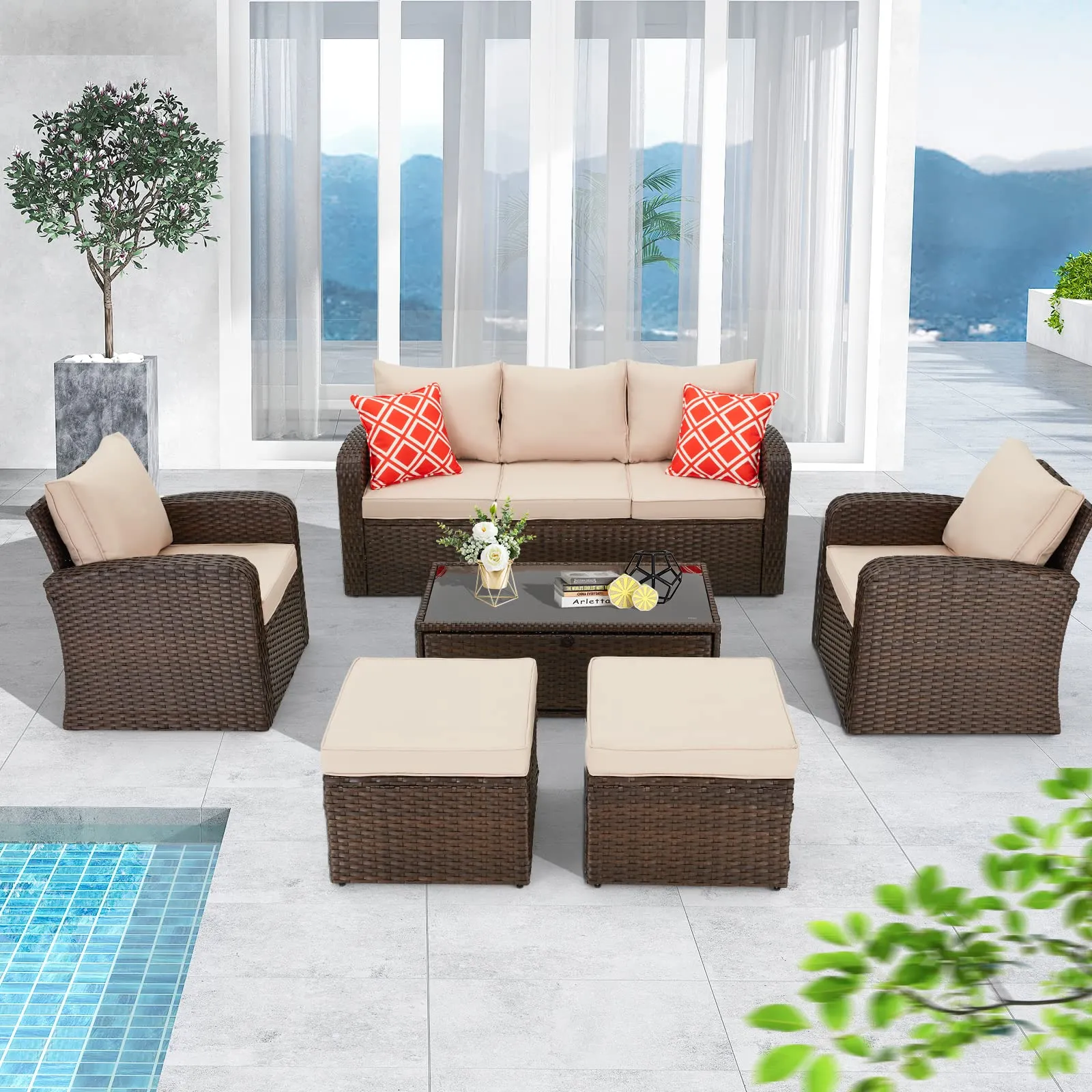 Homrest 6 Pcs Patio Furniture Sets with Coffee Table, Ottomans, Cushions & Pillows, Khaki