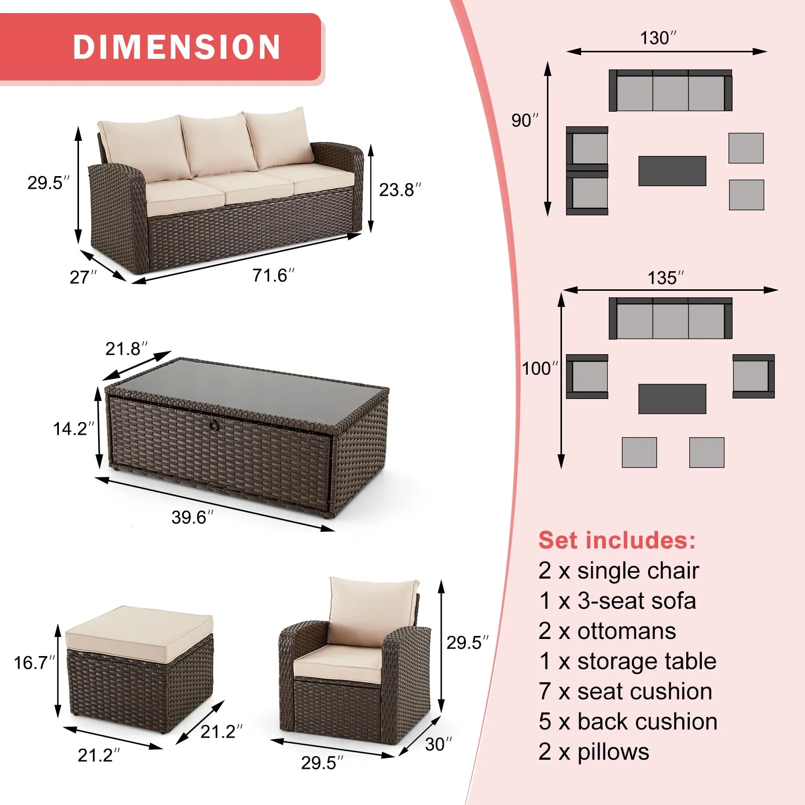 Homrest 6 Pcs Patio Furniture Sets with Coffee Table, Ottomans, Cushions & Pillows, Khaki