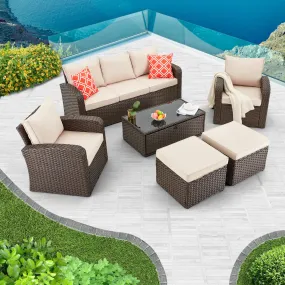 Homrest 6 Pcs Patio Furniture Sets with Coffee Table, Ottomans, Cushions & Pillows, Khaki