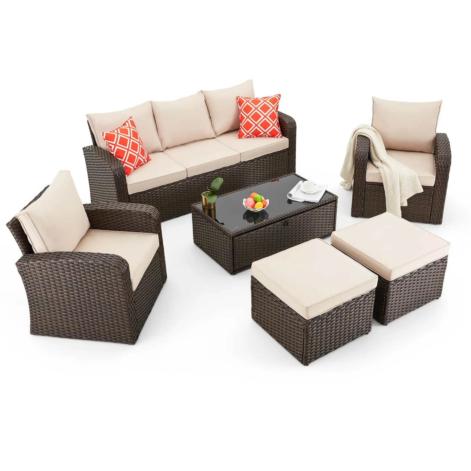 Homrest 6 Pcs Patio Furniture Sets with Coffee Table, Ottomans, Cushions & Pillows, Khaki