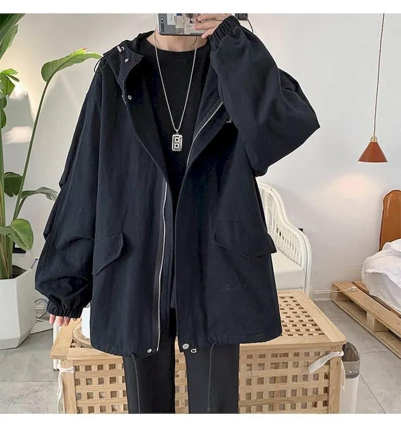 Hooded jacket men women spring autumn Hong Kong style trend loose ruffian handsome mid-length tooling jacket men's windbreaker