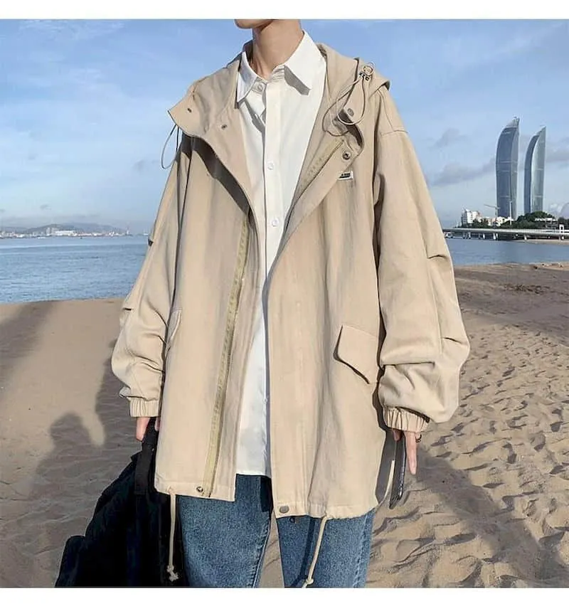 Hooded jacket men women spring autumn Hong Kong style trend loose ruffian handsome mid-length tooling jacket men's windbreaker