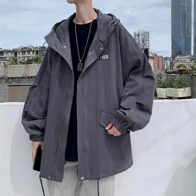 Hooded jacket men women spring autumn Hong Kong style trend loose ruffian handsome mid-length tooling jacket men's windbreaker