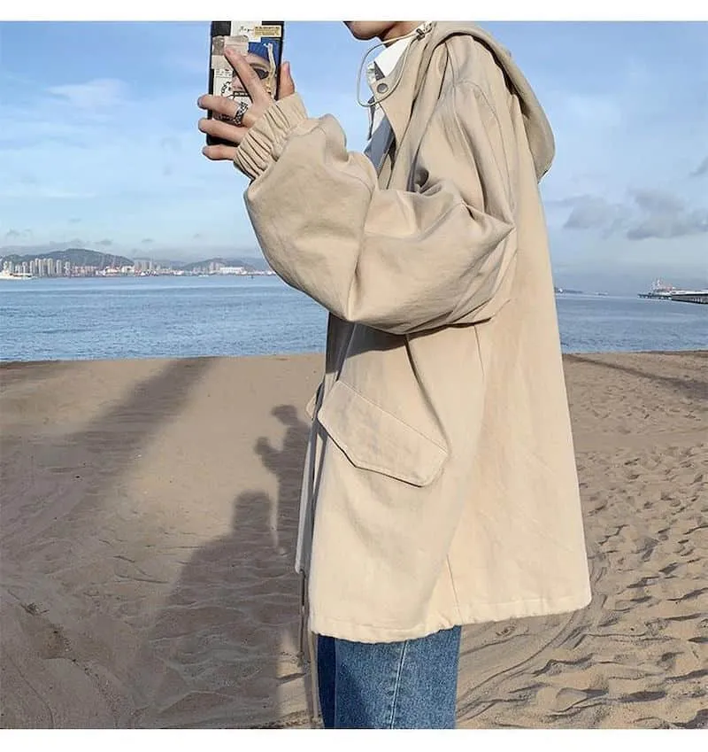 Hooded jacket men women spring autumn Hong Kong style trend loose ruffian handsome mid-length tooling jacket men's windbreaker