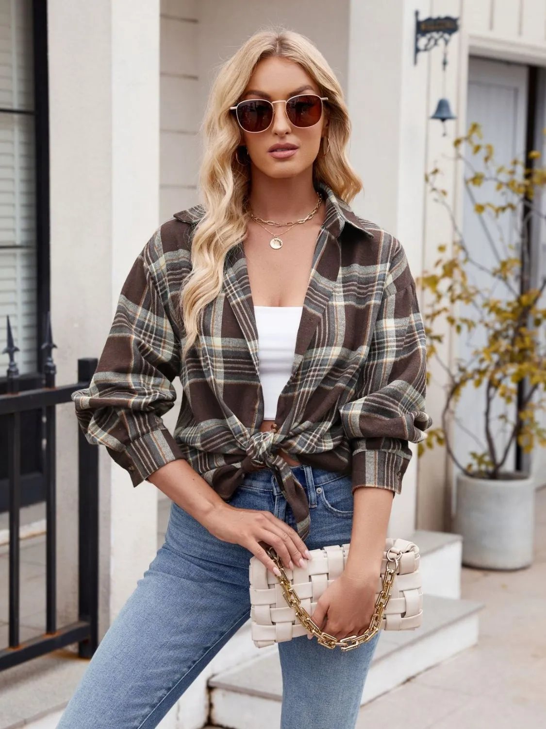 Just For Me Plaid Collared Neck Long Sleeve Shirt plaid shirt