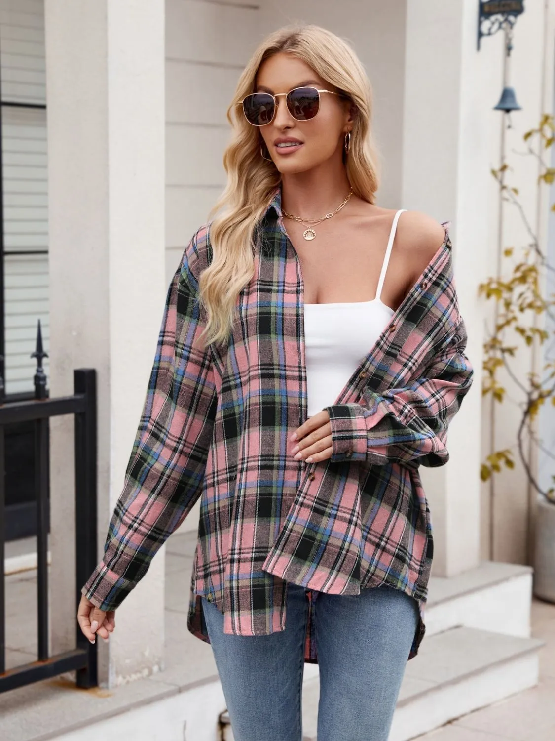 Just For Me Plaid Collared Neck Long Sleeve Shirt plaid shirt