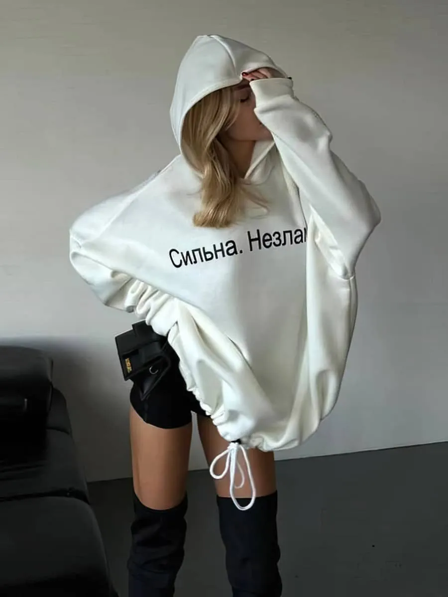 Letter print loose hooded sweatshirt