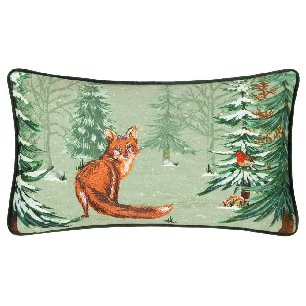 Lodge Wood Fox Embroidered Cushion Oak Green