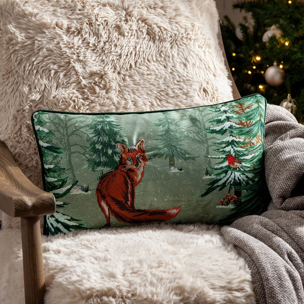 Lodge Wood Fox Embroidered Cushion Oak Green