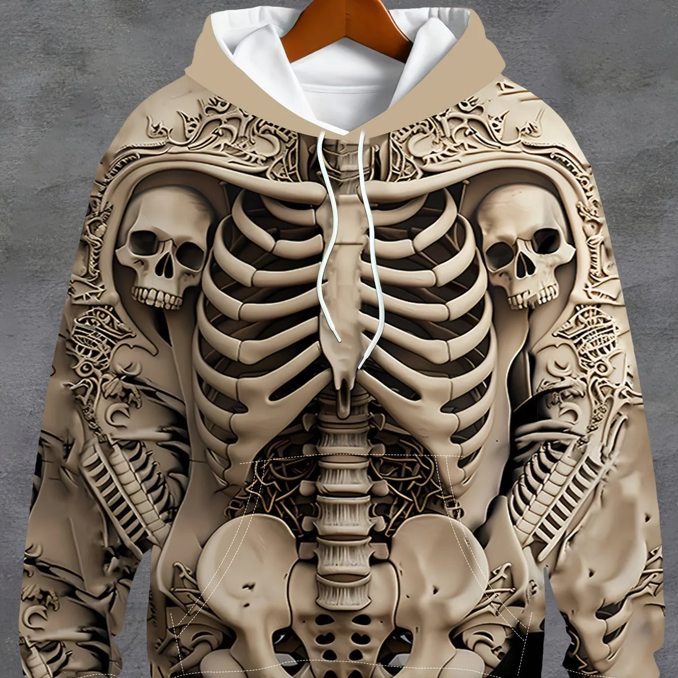 Men's 3D Skeleton Skull Print Long Sleeve Hoodie – Casual Hooded Sweatshirt with Drawstring Pocket, Knit Polyester Fabric, Stretch Fit, Fall/Winter Collection