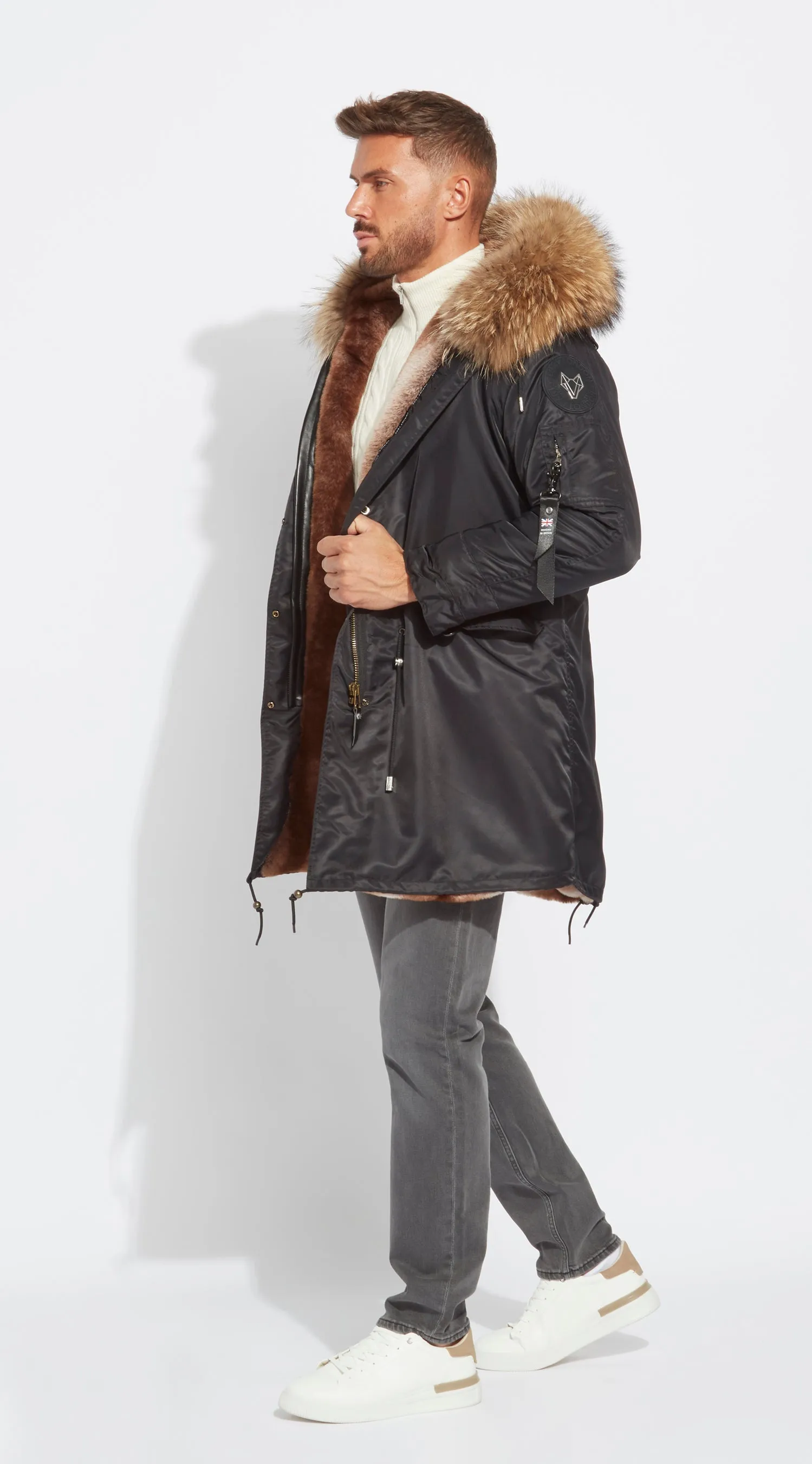 Mens Black Water-Repellent Luxy Fur Parka - 3/4 Natural