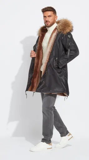 Mens Black Water-Repellent Luxy Fur Parka - 3/4 Natural