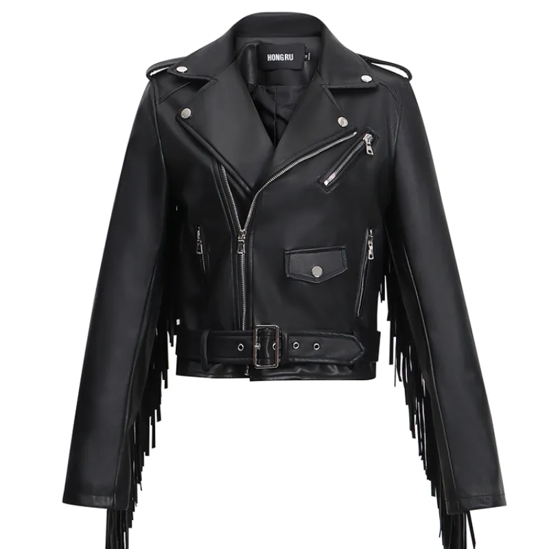 New Women's Tassel Short Slim Leather Jacket Motorcycle