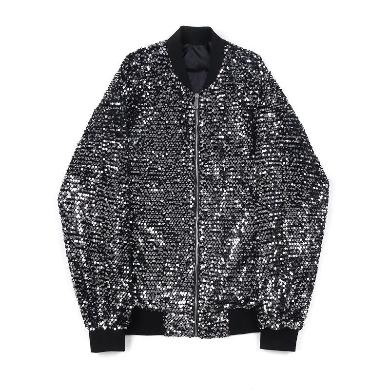 Pre Order:  Sequined Baseball Collar Long Sleeved Jacket