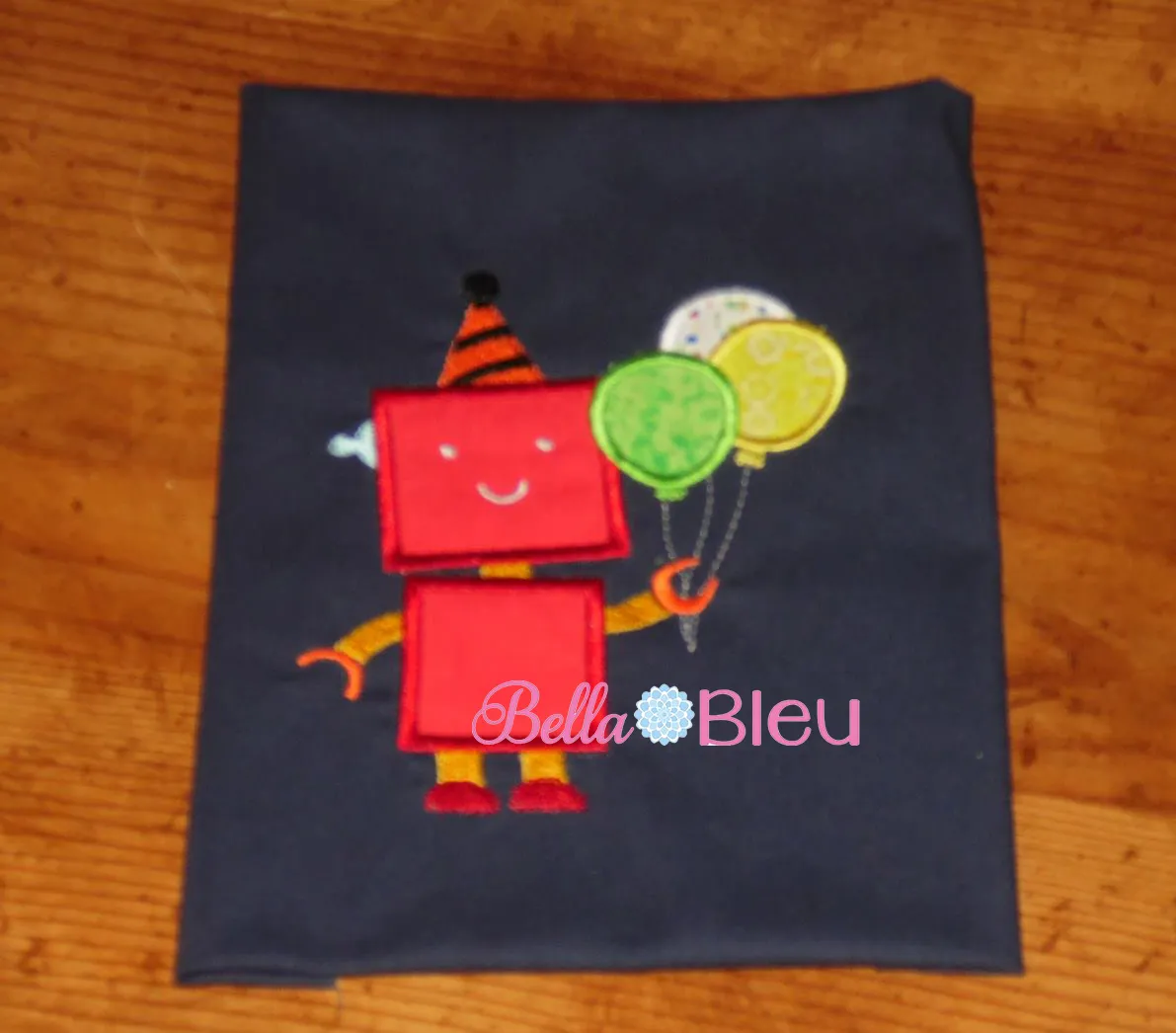 Robot holding Birthday Balloons machine applique embroidery design