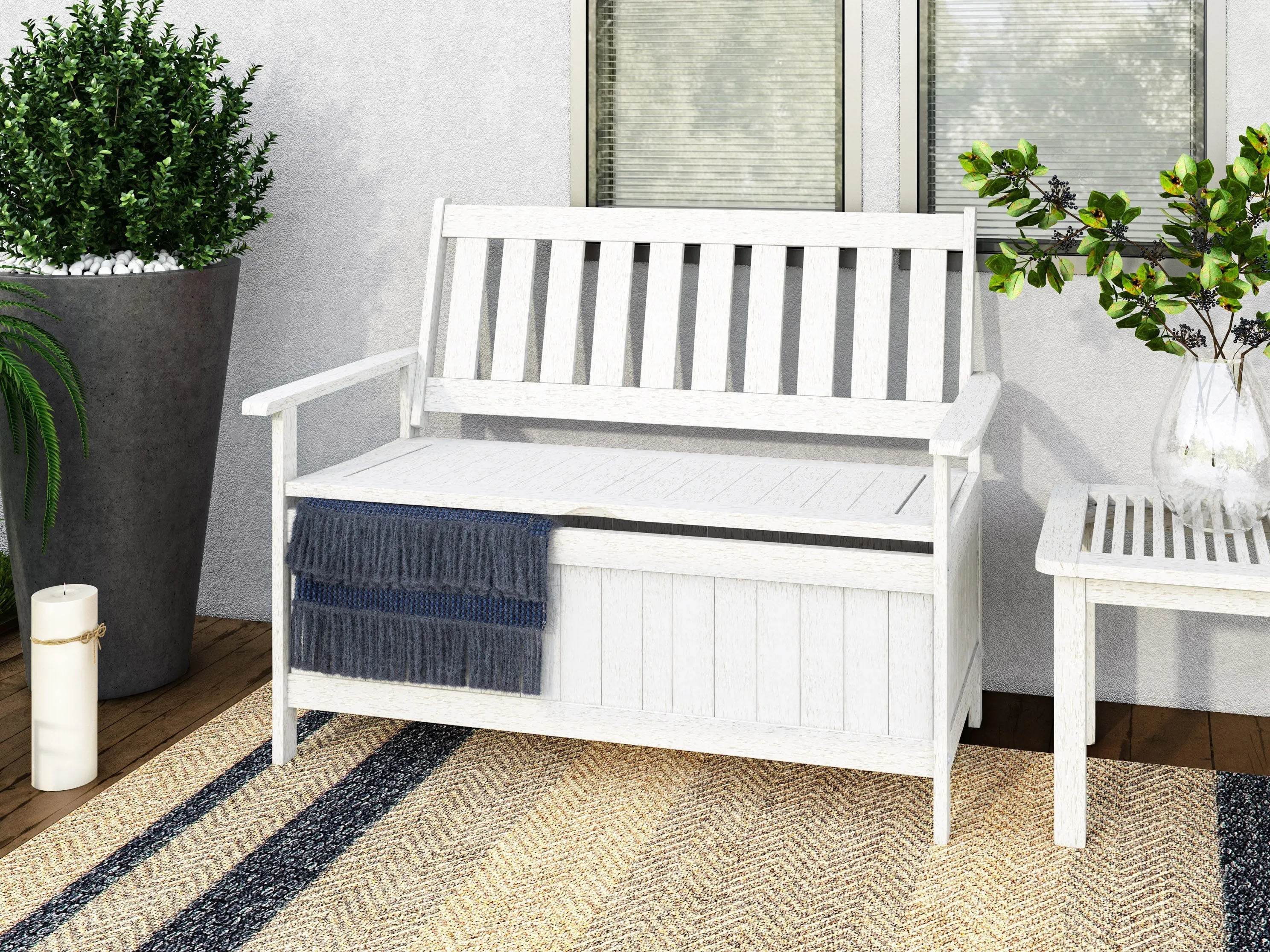 Washed White Wooden Storage Bench