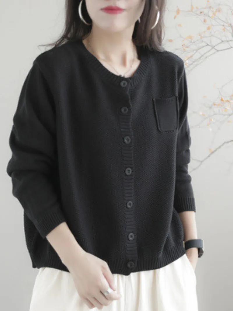 Women Casual Cardigan Long Sleeves  Loose Knitted Button Pocket Jacket