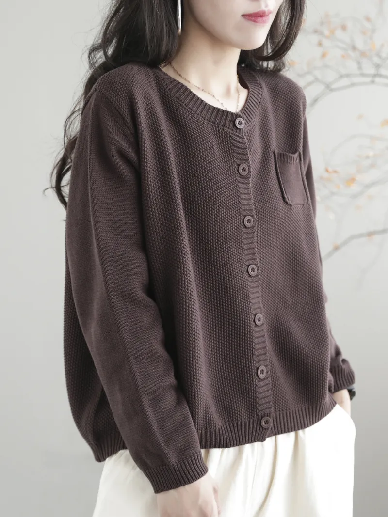 Women Casual Cardigan Long Sleeves  Loose Knitted Button Pocket Jacket