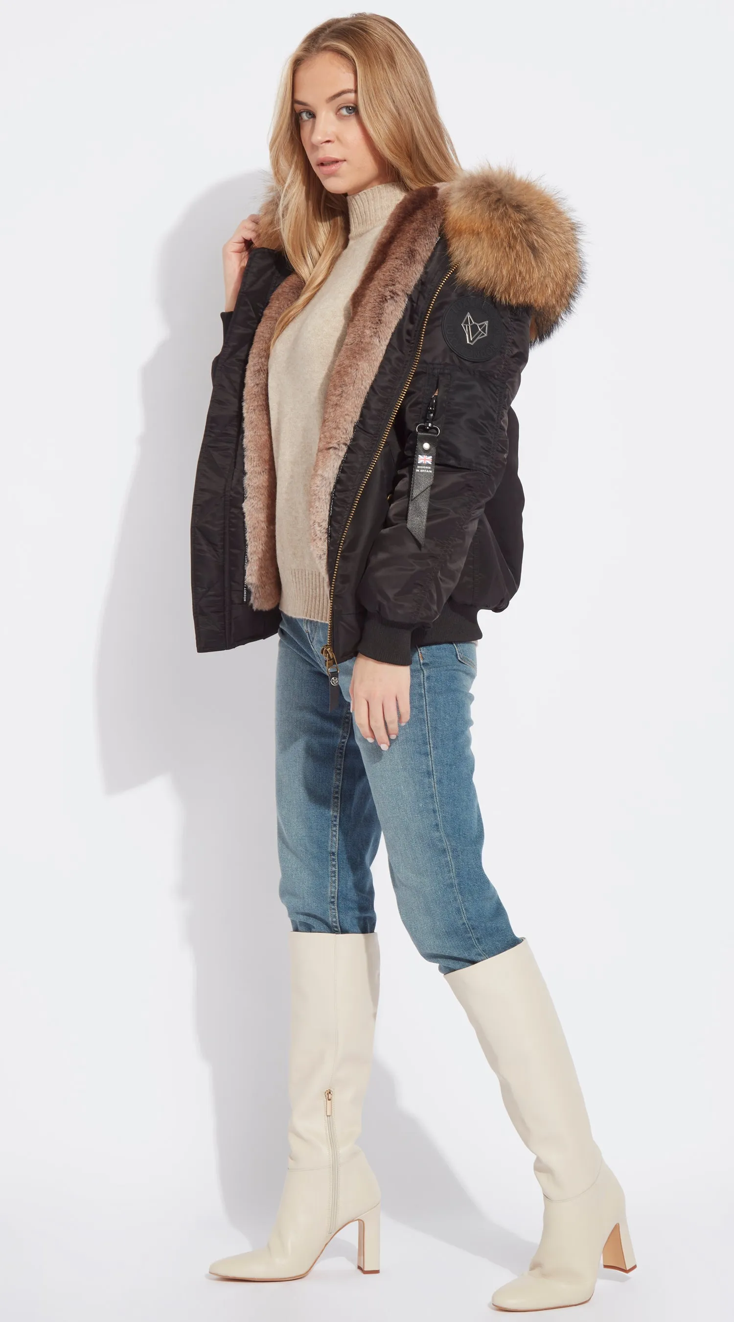 Womens Black Luxy Fur Bomber - Natural