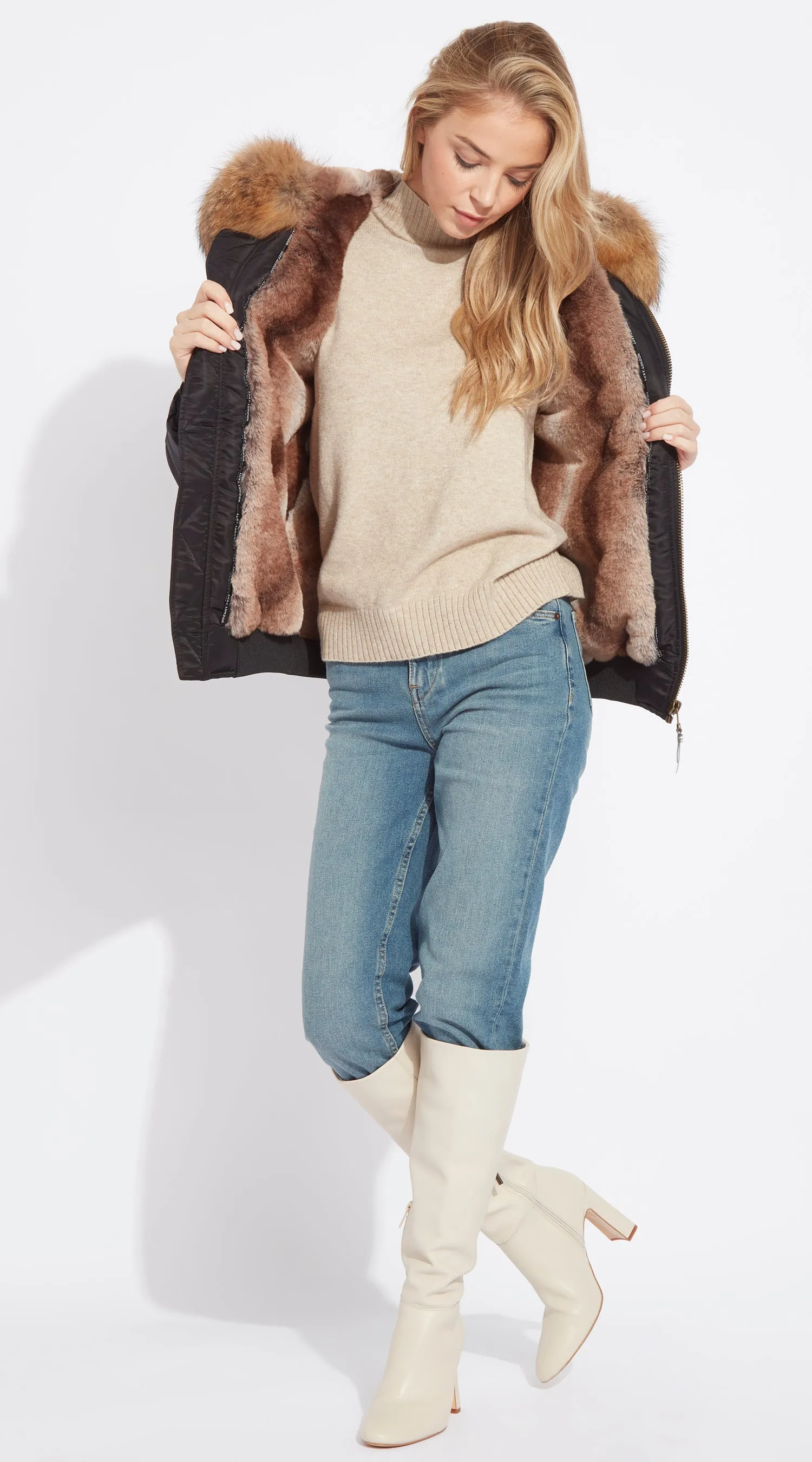 Womens Black Luxy Fur Bomber - Natural