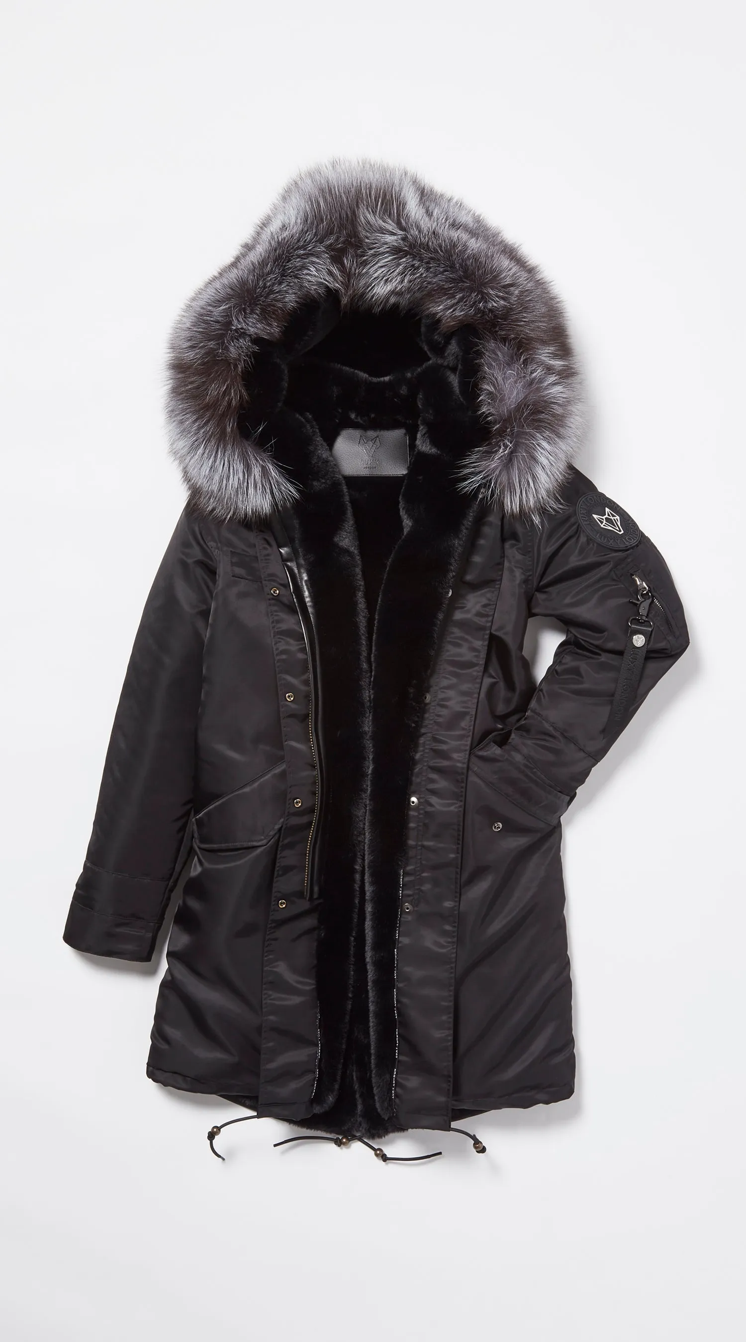 Womens Black Water-Repellent Luxy Fur Parka - 3/4 Silver Fox