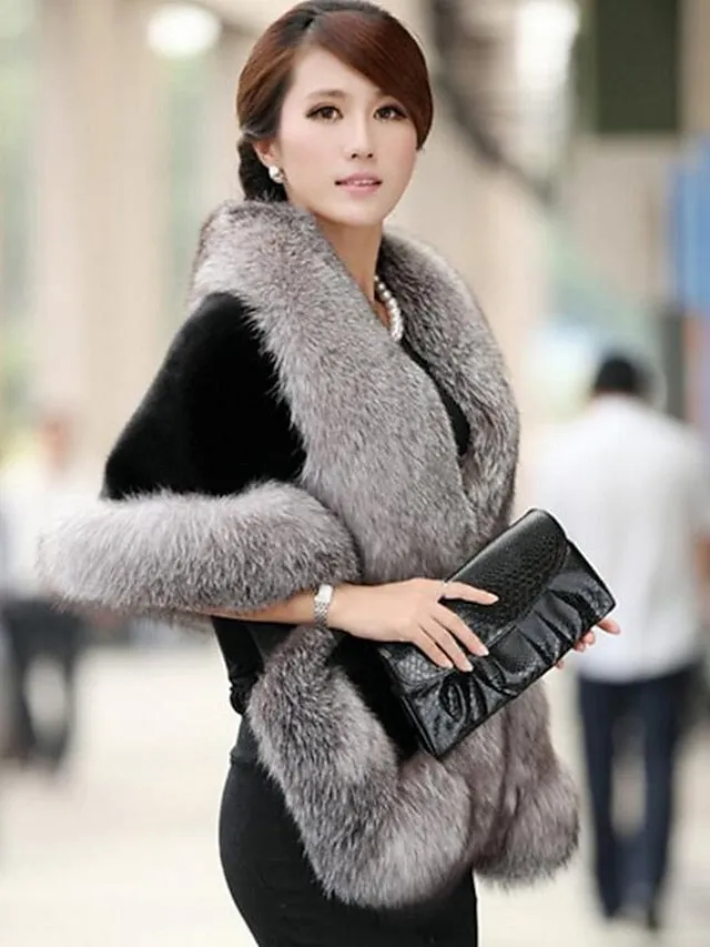 Women's Coat Cloak / Capes Wedding Daily Winter Fall Regular Coat V Neck Regular Fit Windproof Warm Basic Jacket Half Sleeve Neutral Faux Fur Trim Black Red Gray / Lined